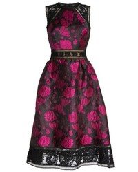 Tadashi Shoji Lace Trim Rose Jacquard Midi Dress