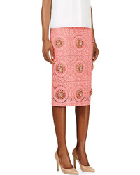 Burberry Prorsum Pink Lace Overlay Embellished Pencil Skirt