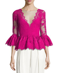 Marchesa V Neck Lace Peplum Top Fuchsia