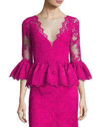 Marchesa V Neck Lace Peplum Top Fuchsia