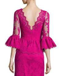 Marchesa V Neck Lace Peplum Top Fuchsia