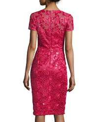 David Meister Short Sleeve Sequined Lace Sheath Cocktail Dress