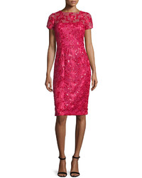 David Meister Short Sleeve Sequined Lace Sheath Cocktail Dress