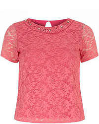Hot Pink Lace Short Sleeve Blouse