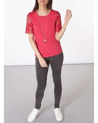 Dorothy Perkins Raspberry Lace Sleeve T Shirt