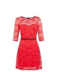 Exclusives New Look Pink 34 Sleeve Lace Skater Dress