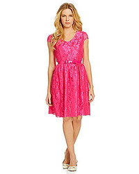 Leslie Fay Belted Lace Fit And Flare Dress