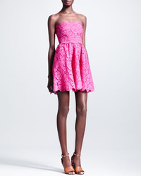 Valentino Short Strapless Lace Dress Fuchsia