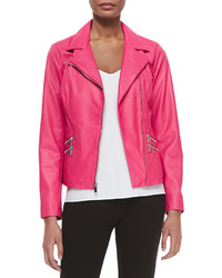 Neiman Marcus Leather Moto Jacket W Zip Pockets Hot Pink