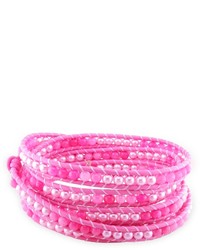 Ice Pearl And Pink Agate Bead Pink Leather Cord Cuff Bracelet