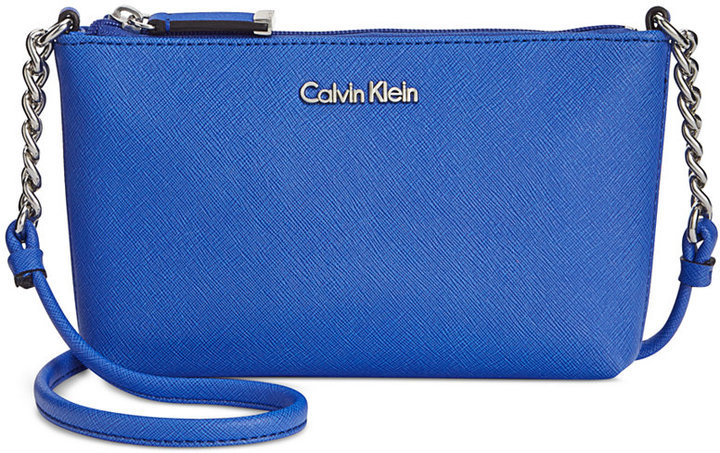 Calvin Klein Hayden Saffiano Leather Crossbody Seaport Blue Silver for sale  online