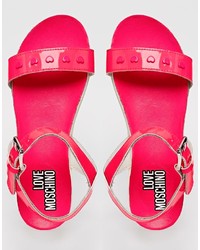 Love Moschino Fluro Fuchsia Patent Heart Detail Flat Sandals