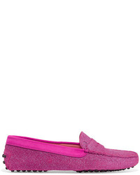 Tod's Gommino Suede Trimmed Glittered Leather Loafers Pink