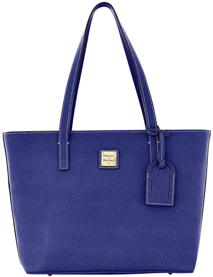 Dooney & Bourke, Bags, Dooney Bourke Saffiano Shopper Tote Vachetta  Leather Trim Blue