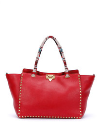 Valentino Medium Beaded Handle Rockstud Tote Bag Red