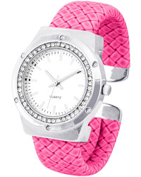 Fashion Watches Crystal Accent Pink Faux Leather Cuff Bangle Watch