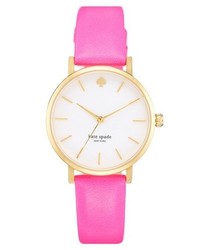 kate spade new york Metro Round Leather Strap Watch 34mm Bazooka Pink Gold