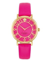 kate spade new york Metro Round Leather Strap Watch 34mm Bougainvillea Pink Gold