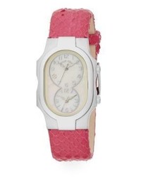 Philip Stein Teslar Signature Mother Of Pearl Stainless Steel Embossed Leather Strap Chronograph Watch