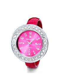 VistaBella Cz Pink Bezel Dial Leather Strap Bangle Watch