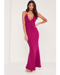 Missguided Cross Back Plunge Fishtail Maxi Dress Pink