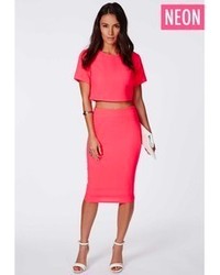 Missguided Alica Neon Pink Crepe Midi Skirt