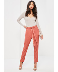 Missguided Pink Satin Pocket Belted Cigarette Trousers