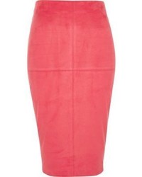 River Island Bright Pink Faux Suede Pencil Skirt