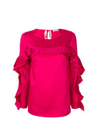 Hot Pink Pleated Long Sleeve Blouse