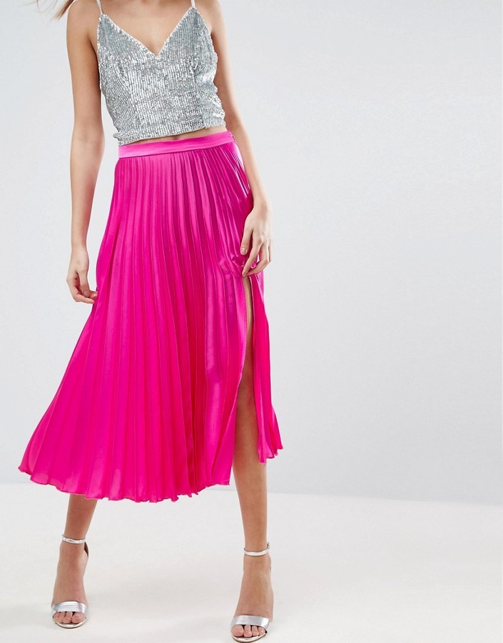 Asos Satin Pleated Midi Skirt With Thigh Split, $56 | Asos | Lookastic