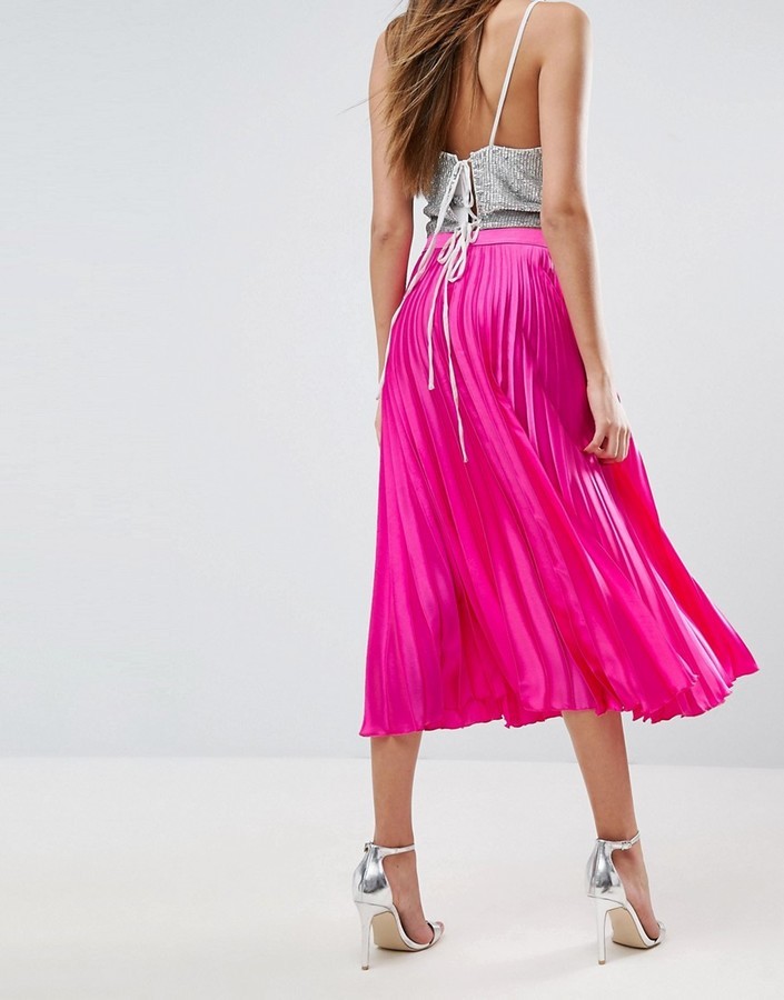 Asos Satin Pleated Midi Skirt With Thigh Split, $56 | Asos | Lookastic