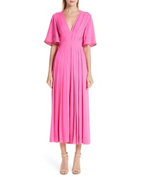 Hot Pink Pleated Silk Midi Dress