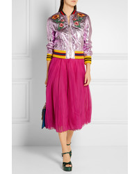Gucci Pleated Silk Blend Organza Midi Skirt Fuchsia