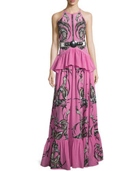 Hot Pink Print Chiffon Evening Dress