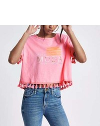 River Island Pink Pom Pom Alla Moda Print Boxy T Shirt