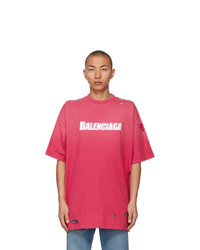 Balenciaga Red Distressed Boxy Logo T Shirt