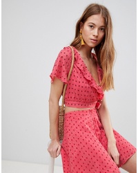 Glamorous Crop Top With Frill Collar And Tie Side In Ditsy Rose Co Ord