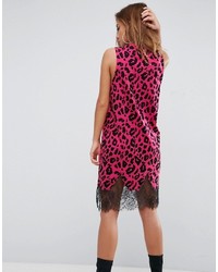 Asos Sleeveless T Shirt Dress With Lace Inserts In Pink Leopard Print