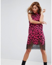 Asos Sleeveless T Shirt Dress With Lace Inserts In Pink Leopard Print