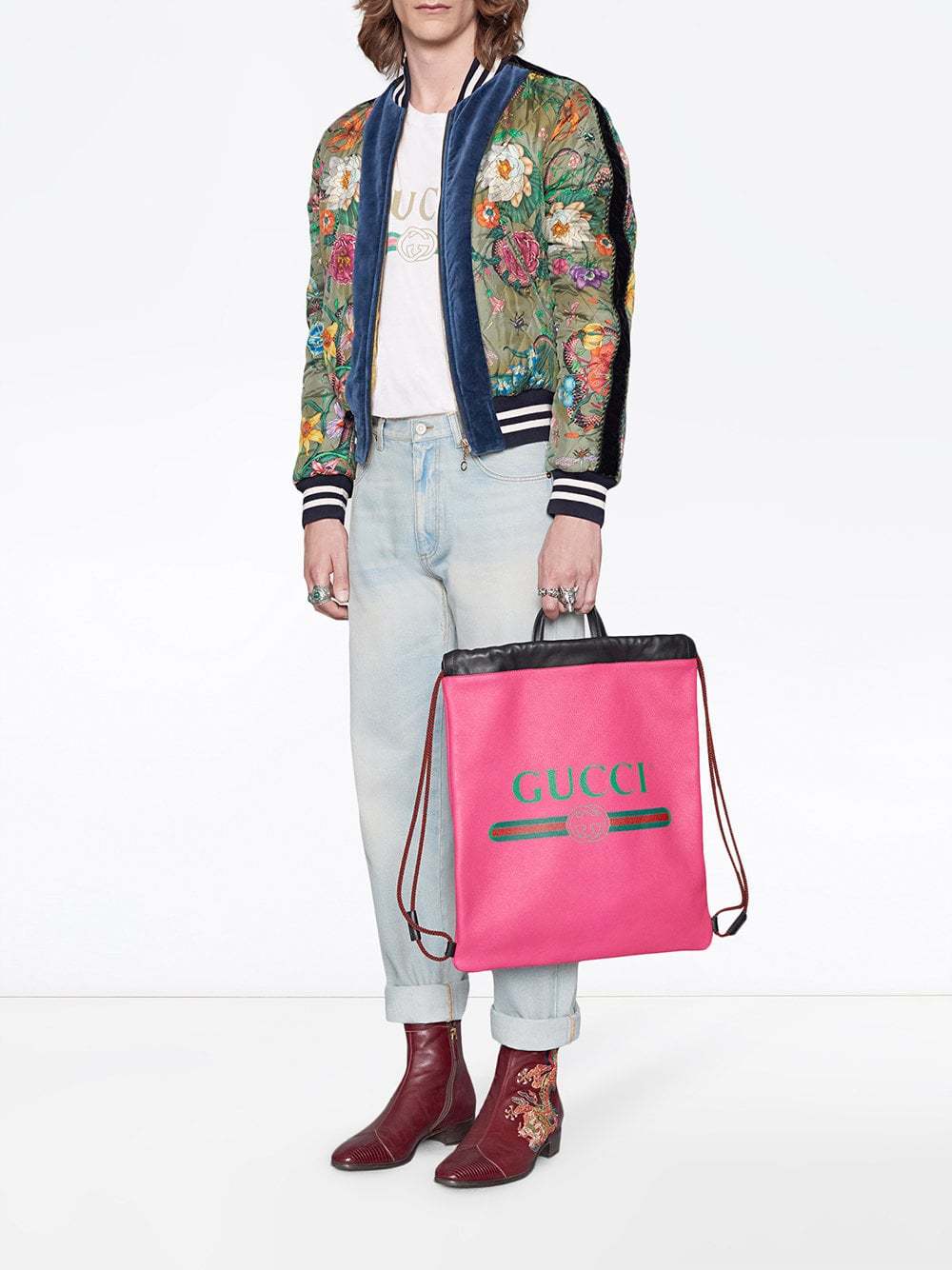 Gucci Men's Fuchsia/Pink Gu Print Drawstring Backpack