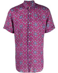 Hot Pink Print Linen Short Sleeve Shirt