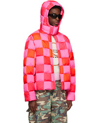 ERL Pink Red Gradient Checker Hooded Puffer Coat