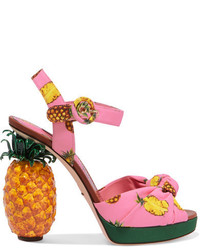 Dolce & Gabbana Knotted Printed Crepe Platform Sandals Pink