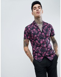 Twisted Tailor Slim Revere Shirt In Pink With Pineapple Print