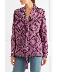 Gucci Faux Pearl Embellished Printed Silk Crepe De Chine Blouse Pink