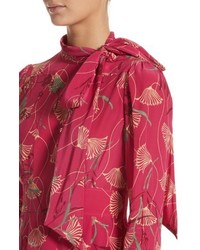 Valentino Lotus Print Silk Tie Neck Dress