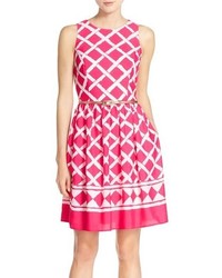 Hot Pink Print Silk Fit and Flare Dress