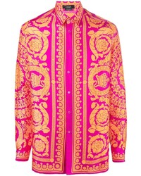 Hot Pink Print Silk Long Sleeve Shirt