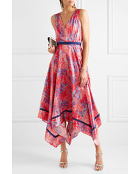 Saloni Zuri Asymmetric Printed Silk Midi Dress Pink