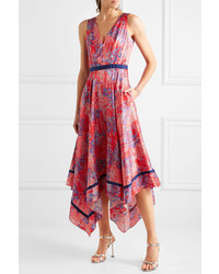 Saloni Zuri Asymmetric Printed Silk Midi Dress Pink